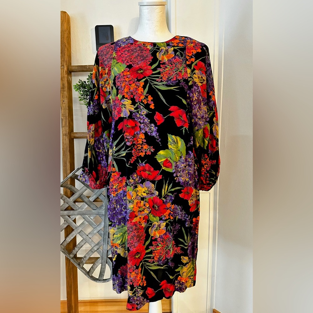 Vintage Pat Argent Petites Vibrant Floral Dolman Sleeve Dress